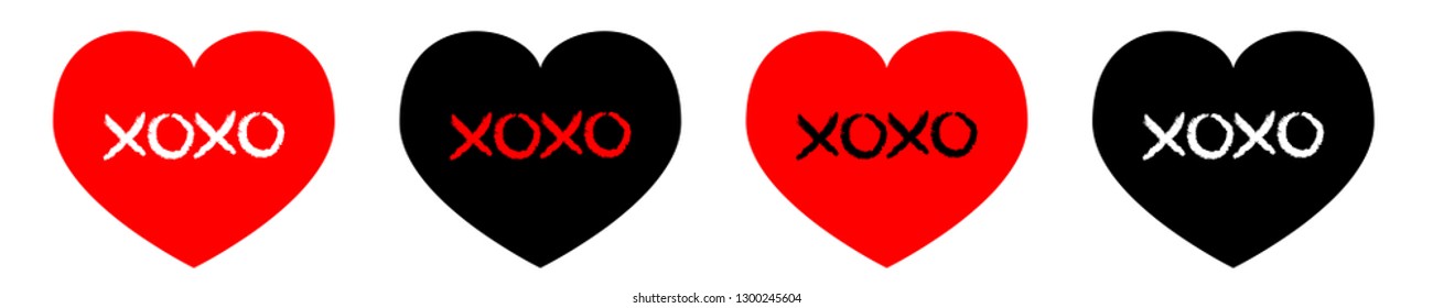 Red, black heart line icon set. Xoxo phrase sketch saying. Hugs and kisses. Happy Valentines day sign symbol. Cute graphic object. Love greeting card. Flat design. Isolated. White background. Vector