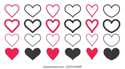 Red and black heart shape outline clipart valentine set. Love heart icon clip art linear  drawing symbol elements for wedding and anniversary decoration silhouette collection. Vector illustration 