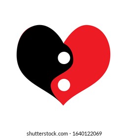 red and black heart in yin-yang style for valentines design, cards about love, wedding