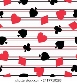 Red and black hearts, diamonds, clubs, and spades scattered across horizontal stripes of red and black on a white background creating a vector seamless repeat pattern design.