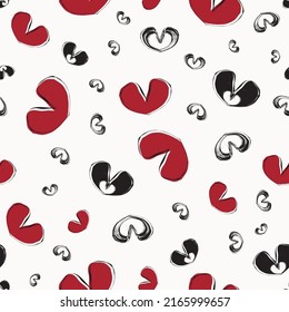 Red and black hearts grunge style seamless vector pattern background. Valentine heart painterly backdrop with mix of love heart icons. Hand drawn romantic modern funky repeat for romance celebration