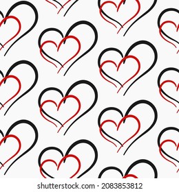 Red and black hearts on white background seamless pattern. Best for textile, print, wrapping paper, package and festive decoration.
