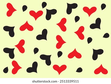 Red and Black Hearts Pattern: A playful and romantic design featuring scattered red and black hearts on a soft yellow background. Perfect for Valentine's Day, wedding invitations, and romantic project