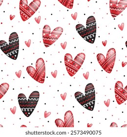 Red and black hearts pattern suitable for Valentines Day designs, wrapping paper, greeting cards, stationery, or textile prints on a white background.