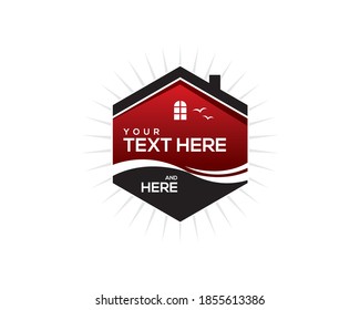 red black hexagon seaside real estate emblem logo template with roof, window, water stream and birds