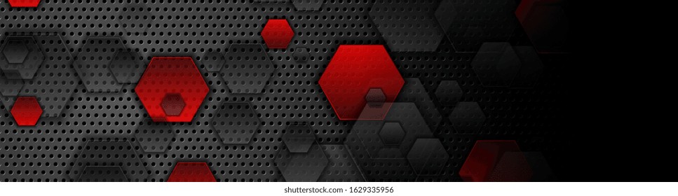 Red and black hexagons on dark perforated metallic background. Abstract technology banner design. Vector illustration