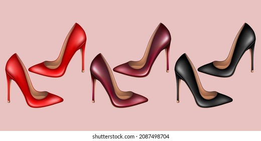 Red and black high-heeled shoes. Isolated vector illustration.