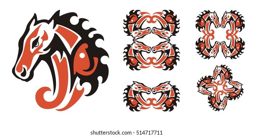 Red and black horse head symbols. Character set of the double horse head symbols and horse frame