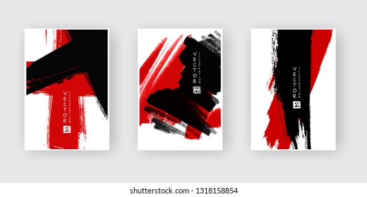 Red black ink brush stroke on white background. Japanese style. Vector illustration of grunge abstract stains