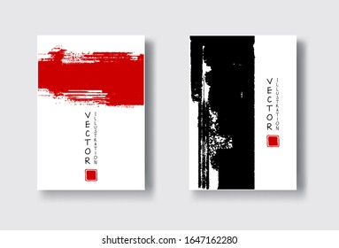 pincel rojo negro sobre fondo blanco. Al estilo japonés. Ilustración vectorial de las manchas de onda de grano.Vector pinza la ilustración.