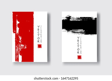 pincel rojo negro sobre fondo blanco. Al estilo japonés. Ilustración vectorial de las manchas de onda de grano.Vector pinza la ilustración.