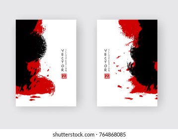 Red black ink brush stroke on white background. Japanese style. Vector illustration of grunge strip stains