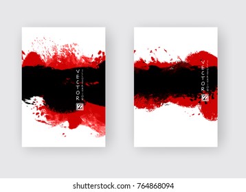 Red black ink brush stroke on white background. Japanese style. Vector illustration of grunge strip stains