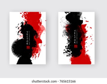 Red black ink brush stroke on white background. Japanese style. Vector illustration of grunge strip stains
