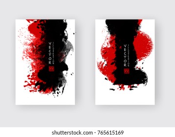 Red black ink brush stroke on white background. Japanese style. Vector illustration of grunge strip stains