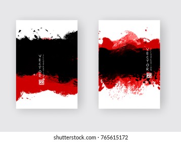 Red black ink brush stroke on white background. Japanese style. Vector illustration of grunge strip stains