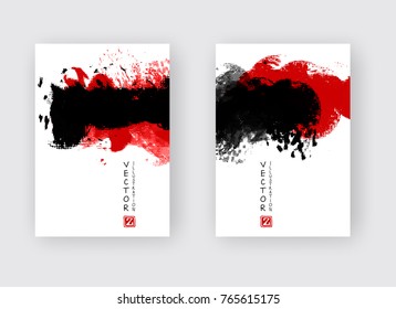 Red black ink brush stroke on white background. Japanese style. Vector illustration of grunge strip stains