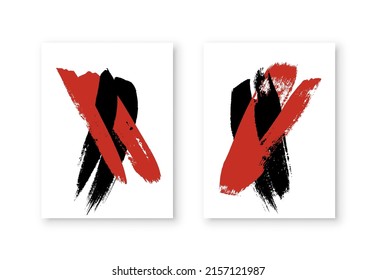 Red and black ink brush strokes in set of flyers vector illustration. Abstract grunge stains in Japanese style, crossed mark stamp design, modern Asian handwritten calligraphy on white background