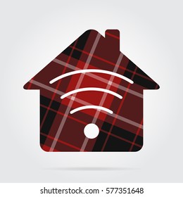 red, black isolated tartan icon and white stripes - house with signal and shadow in front of a gray background