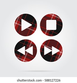 red, black isolated tartan icon with white stripes - four music control buttons and shadow in front of a gray background