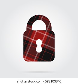 red, black isolated tartan icon with white stripes - closed padlock and shadow in front of a gray background