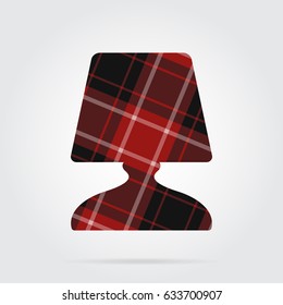 red, black isolated tartan icon with white stripes - bedside table lamp and shadow in front of a gray background