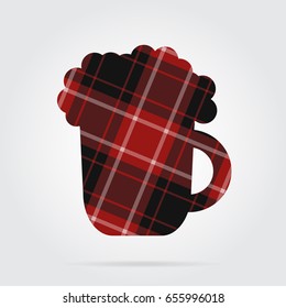 red, black isolated tartan icon with white stripes - beer with foam and shadow in front of a gray background