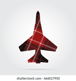 red, black isolated tartan icon with white stripes - fighter and shadow in front of a gray background