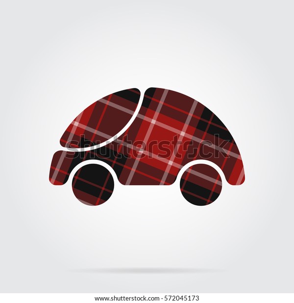 red, black\
isolated tartan icon with white stripes - cute rounded car and\
shadow in front of a gray\
background