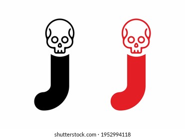 Red and black of J initial letter with skull head design