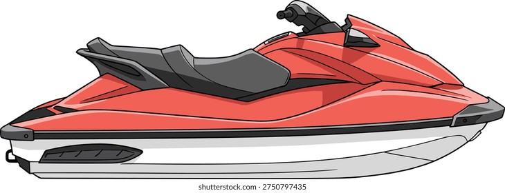 Red and black jet ski illustration with sleek aerodynamic design, modern watercraft artwork symbolizing recreation, speed, adventure, ocean leisure, and aquatic sports for creative projects.