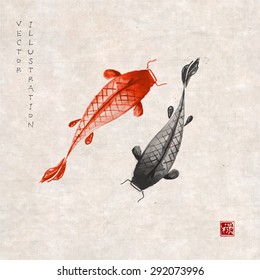 Red and black koi carps hand drawn with ink in traditional Japanese painting style sumi-e on vintage rice paper. Vector illustration with fishes. Contains hieroglyph "well-being" (red stamp). 