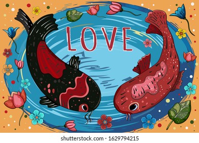 Red and black koi carps swim in a pond surrounded by water lilies and lotuses, hand drawn traditional Japanese style. 