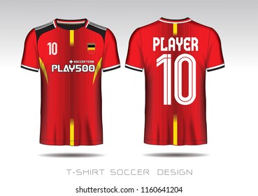 Red and black layout football sport t-shirt design. Template front, back view. Soccer kit national team shirt mock up. Vector Illustration.