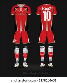 Red and black layout football sport t-shirt design. Template front, back view. Soccer kit national team shirt mock up. Vector Illustration.