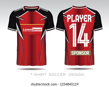 Red and black layout football sport t-shirt design. Template front, back view. Soccer kit national team shirt mock up. Vector Illustration.