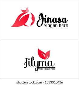 Red black line art leaf face ribbon combination mark logo design concept vector suitable for products kids oils beauty fragrance
