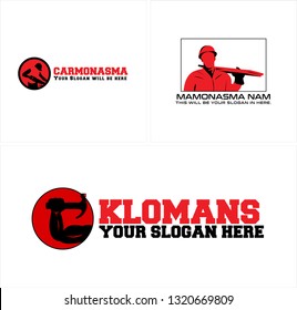 Red black line art round hummer a man hat shouldered wood saw combination mark logo design concept vector suitable for expertise carpenter logging construction industry repair workshop 