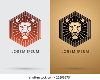 RED and Black Lion head icon, symbol, logo, vector. On gold background