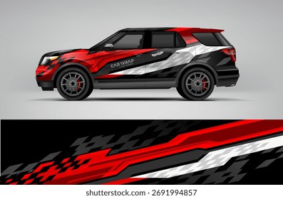 Diseño de envoltura de SUV rojo y negro con raya a cuadros agresiva y patrón de movimiento dinámico. Se proporciona en formato EPS de Vector editable.