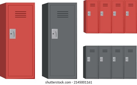 Red and black locker cabinets on white background illustration