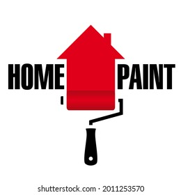 Red and black logo on a white background for a painting company consisting of a roller with a trace of paint representing a house and modern typography. 