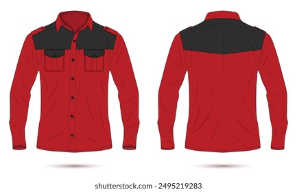 Red and black long sleeve button down work shirt mockup front and back view