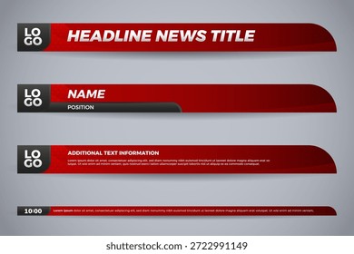 Gráficos rojos y negros de tercera Noticias Video inferior con diseño de logotipo y texto para difusión y edición