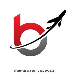 Red and Black Lowercase Letter B Icon with an Airplane on a White Background
