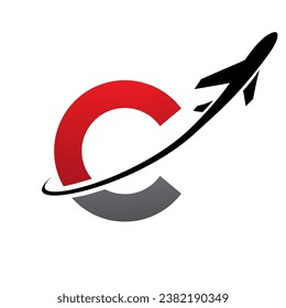 Red and Black Lowercase Letter C Icon with an Airplane on a White Background