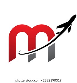 Letra roja y negra minúscula icono M con un avión de fondo blanco