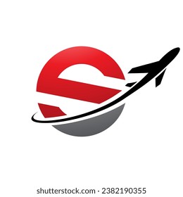 Red and Black Lowercase Letter S Icon with an Airplane on a White Background