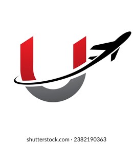 Red and Black Lowercase Letter U Icon with an Airplane on a White Background