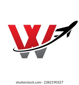 Red and Black Lowercase Letter W Icon with an Airplane on a White Background